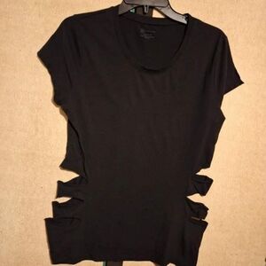 'No Boundaries' fitted black scoop neck, "ripped-for-you" t-shirt.